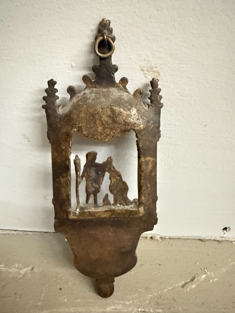 Bénitier ancien en bronze, XIXe siècle, baptême de Jésus, 21x8x4cm