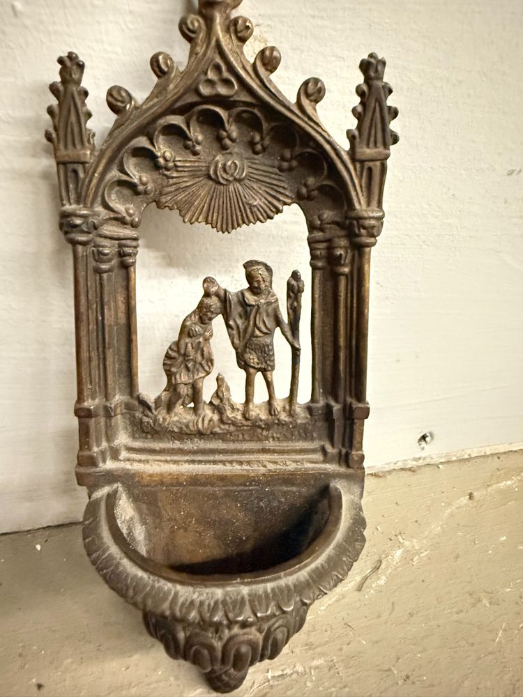 Bénitier ancien en bronze, XIXe siècle, baptême de Jésus, 21x8x4cm