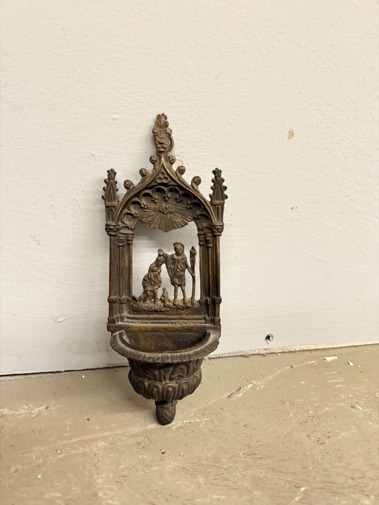 Bénitier ancien en bronze, XIXe siècle, baptême de Jésus, 21x8x4cm