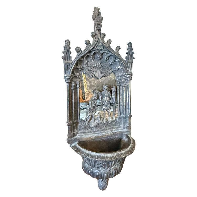 Bénitier ancien en bronze, XIXe siècle, baptême de Jésus, 21x8x4cm