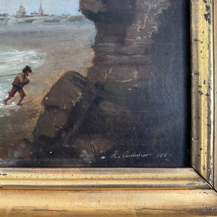 Öl auf Karton von R. Coubinier 1887 Boot an einer felsigen Küste