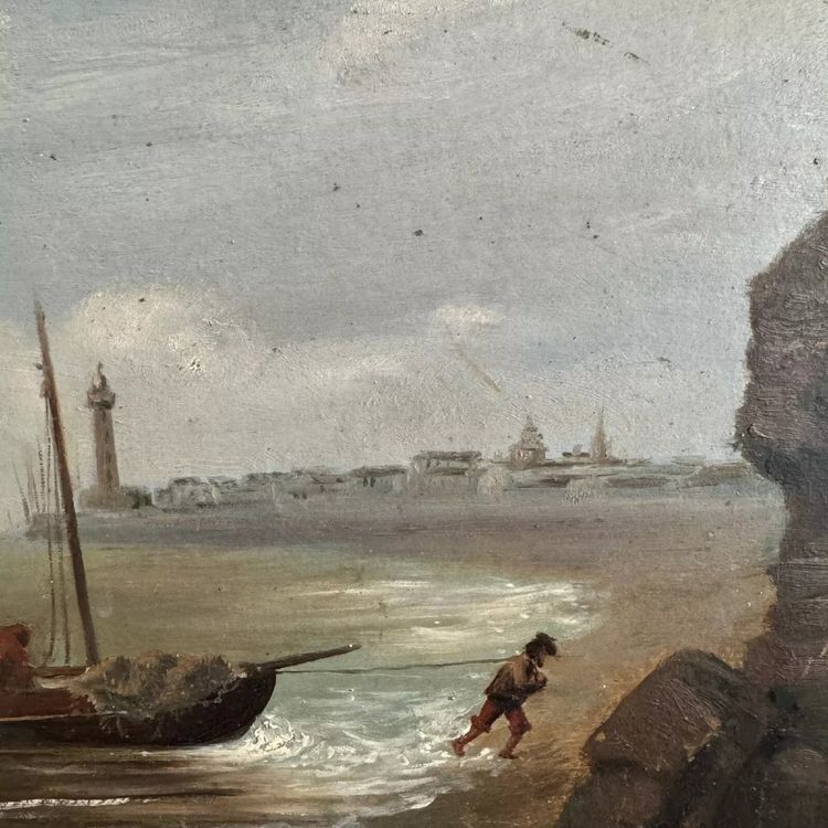 Öl auf Karton von R. Coubinier 1887 Boot an einer felsigen Küste