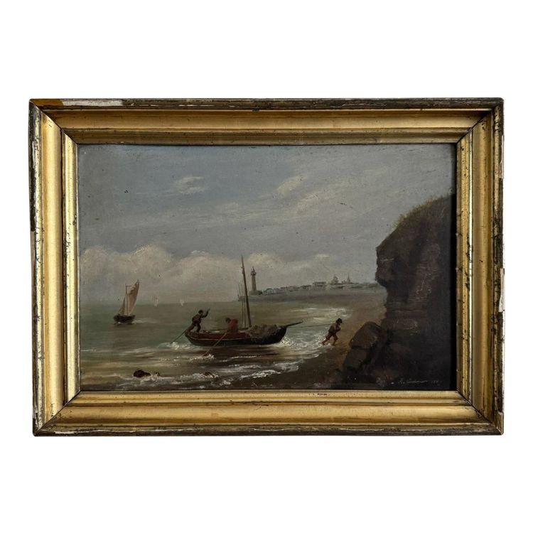 Öl auf Karton von R. Coubinier 1887 Boot an einer felsigen Küste