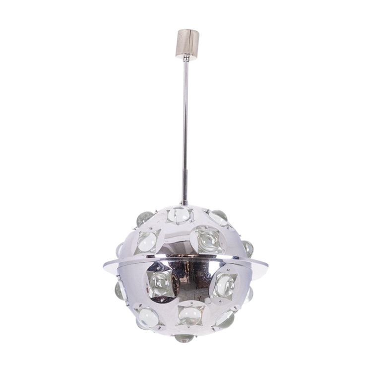 Oscar Torlasco.  Lampadario “Satellite” in metallo cromato. Anni '70. Codice articolo: LS6354918G