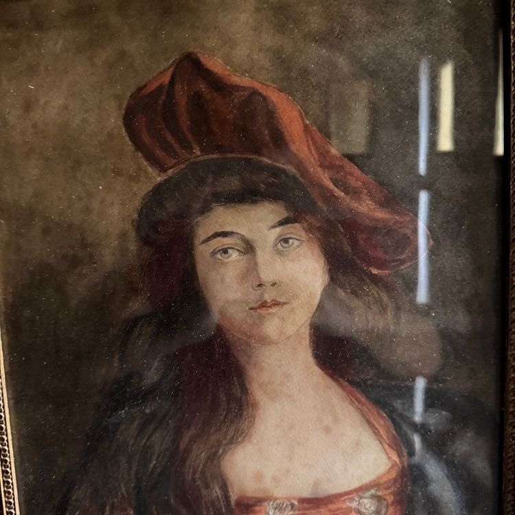 Acquerello su carta, fine XIX secolo, ritratto di donna con cappello monogrammato