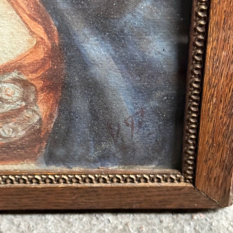 Acquerello su carta, fine XIX secolo, ritratto di donna con cappello monogrammato
