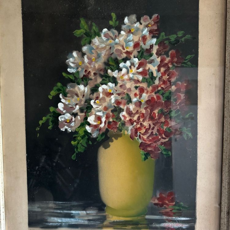 Acquerello su carta natura morta mazzo di fiori vaso giallo XX secolo Devilliers