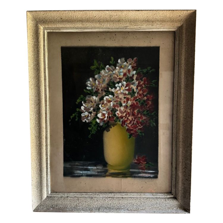 Acquerello su carta natura morta mazzo di fiori vaso giallo XX secolo Devilliers