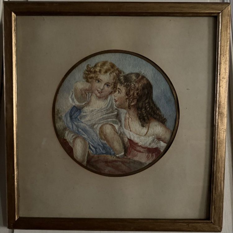 Aquarelle sur papier 2 jeunes enfants fin XIXe cadre doré