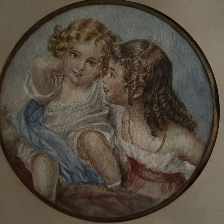 Aquarelle sur papier 2 jeunes enfants fin XIXe cadre doré