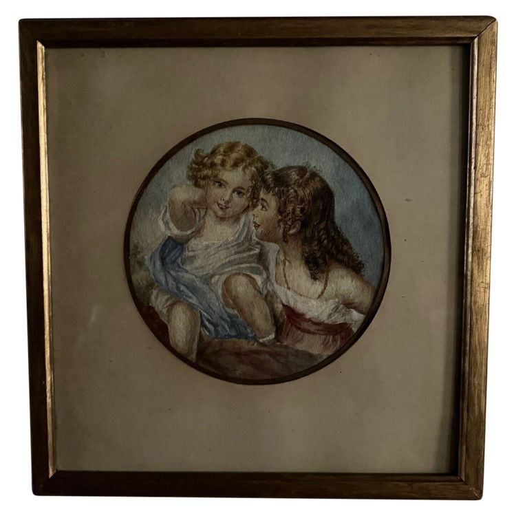 Aquarelle sur papier 2 jeunes enfants fin XIXe cadre doré