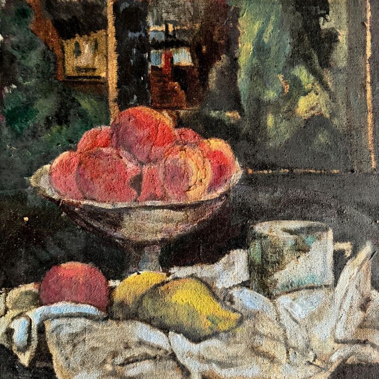 Oil on canvas 20th century still life with fruit and cloth, whitewashed frame
