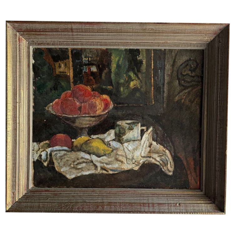 Oil on canvas 20th century still life with fruit and cloth, whitewashed frame