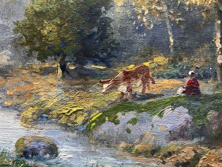 Old HST painting: "Animated pastoral landscape" signed Duperay filigraneantiquite