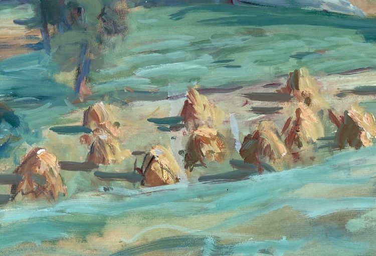 Watercolor by Paul Paquereau haystacks 20th century