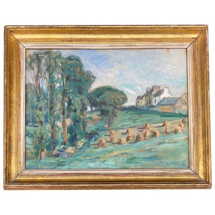 Watercolor by Paul Paquereau haystacks 20th century