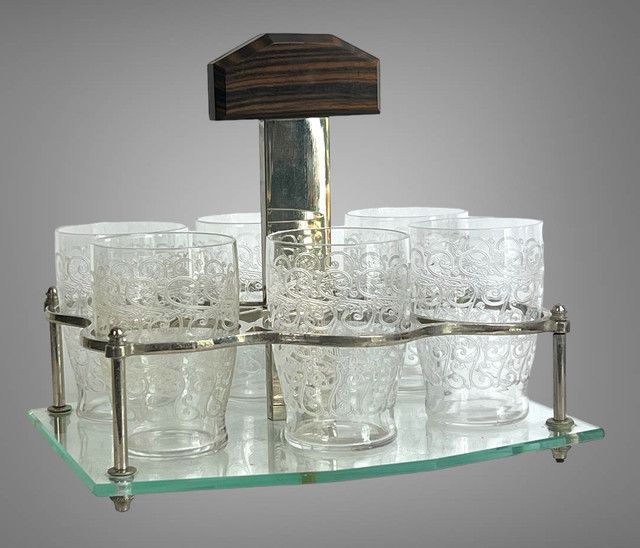 ART DECO PORT SERVICE WITH 6 BACCARAT GLASSES, ROHAN GOUVIEUX MODEL