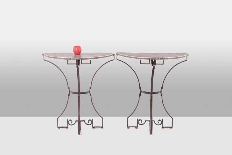 Pair of half-moon shaped console tables. Work of art craftsman. LS63791912B