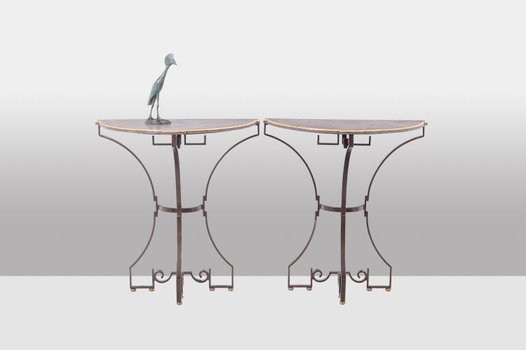 Pair of half-moon shaped console tables. Work of art craftsman. LS63791912B