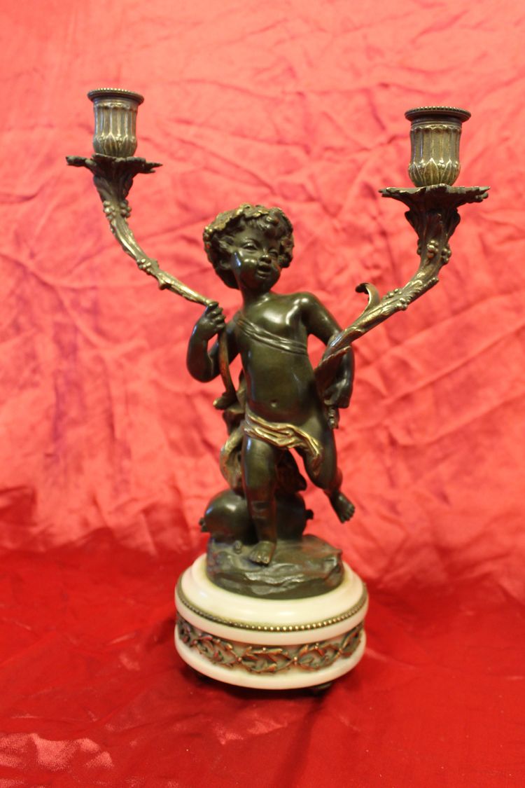 Pair of bronze and marble candelabra candlesticks signed by Clodion, 19th century