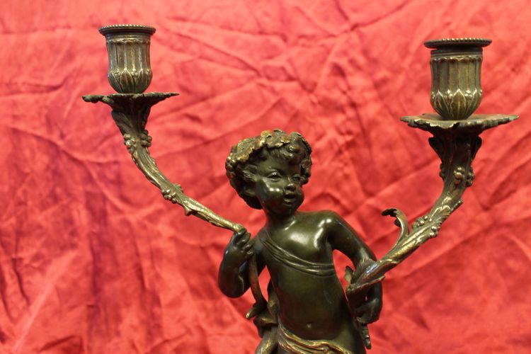 Pair of bronze and marble candelabra candlesticks signed by Clodion, 19th century