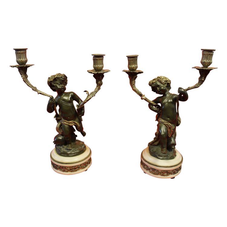 Pair of bronze and marble candelabra candlesticks signed by Clodion, 19th century