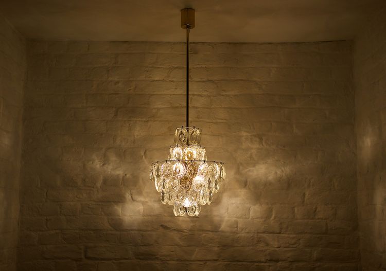 Midcentury brass and crystal chandelier