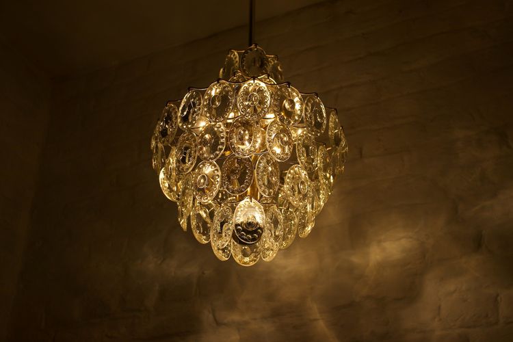 Midcentury brass and crystal chandelier