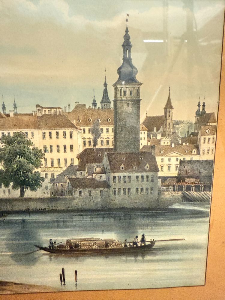 Oléographe ancien de la fin du XIXe siècle, Pont Charles, Prague, 57x45