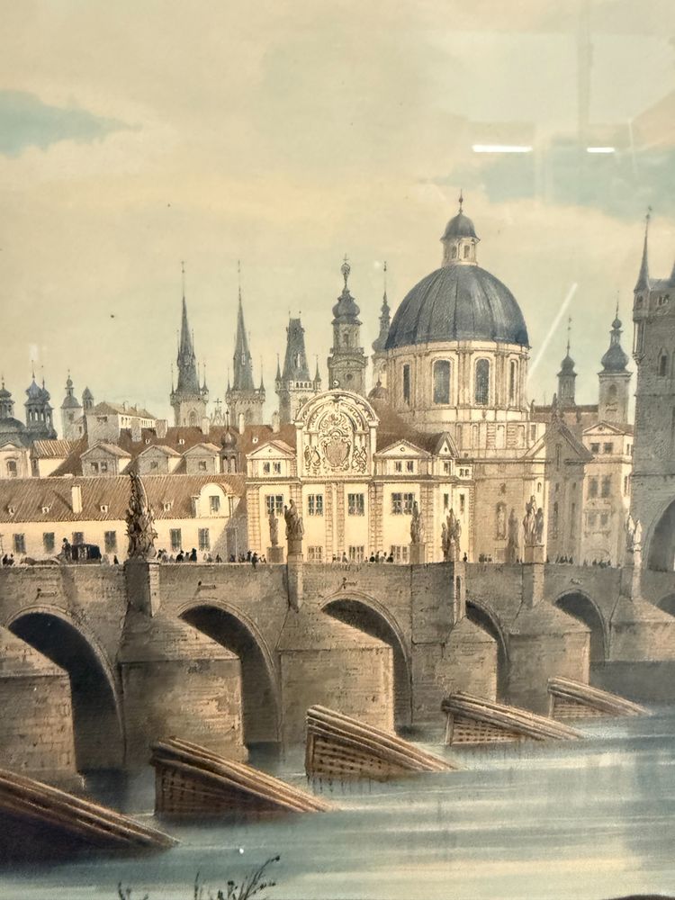Oléographe ancien de la fin du XIXe siècle, Pont Charles, Prague, 57x45
