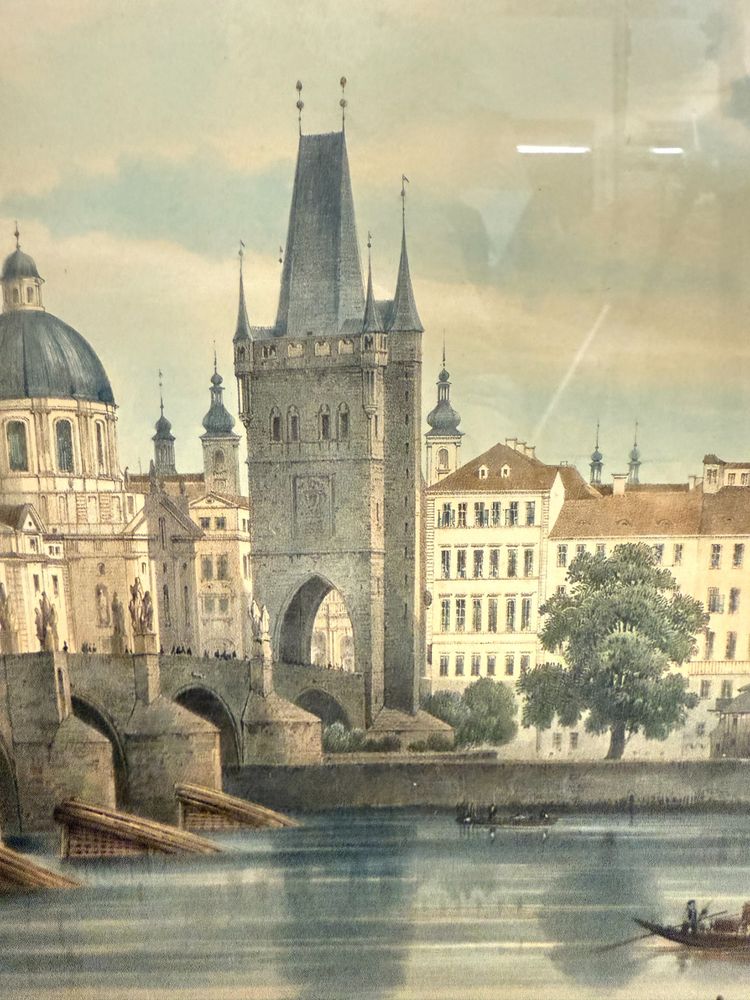 Oléographe ancien de la fin du XIXe siècle, Pont Charles, Prague, 57x45