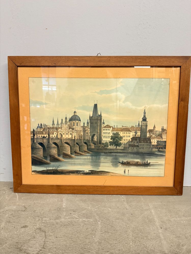 Oléographe ancien de la fin du XIXe siècle, Pont Charles, Prague, 57x45