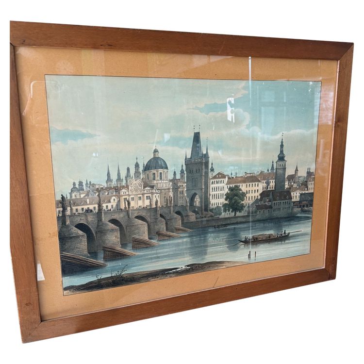 Oléographe ancien de la fin du XIXe siècle, Pont Charles, Prague, 57x45