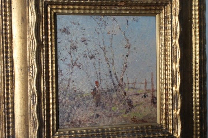 Tableau ancien de la fin du XIXe siècle de l'école impressionniste. Paysage signé. Cadre doré. Taille 42 x 4