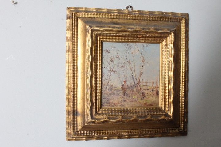 Tableau ancien de la fin du XIXe siècle de l'école impressionniste. Paysage signé. Cadre doré. Taille 42 x 4