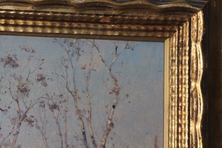 Tableau ancien de la fin du XIXe siècle de l'école impressionniste. Paysage signé. Cadre doré. Taille 42 x 4