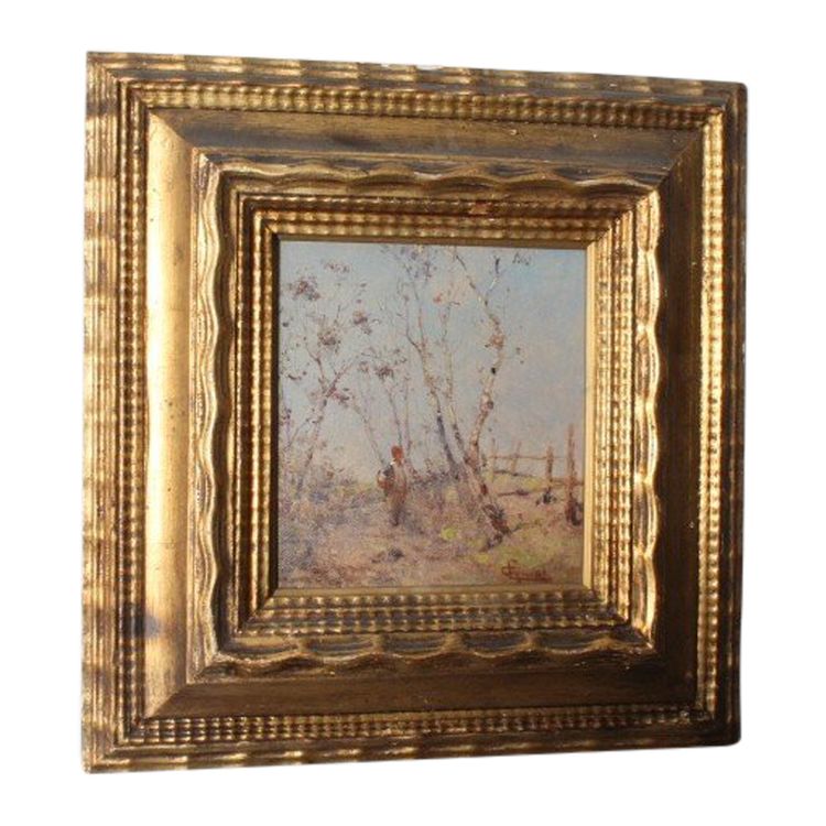 Tableau ancien de la fin du XIXe siècle de l'école impressionniste. Paysage signé. Cadre doré. Taille 42 x 4