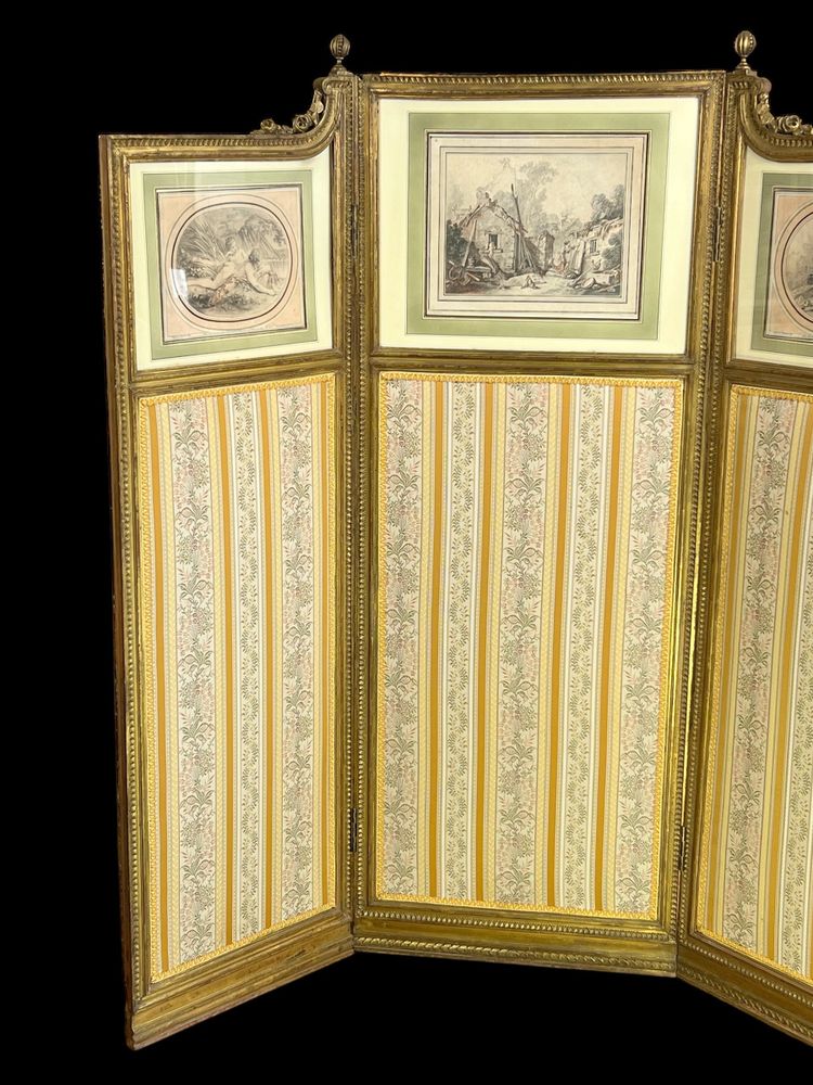 ANTIQUE SCREEN WITH 3 LEAVES IN CARVED AND GILDED WOOD WITH 19TH CENTURY ENGRAVINGS