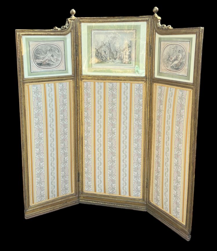 ANTIQUE SCREEN WITH 3 LEAVES IN CARVED AND GILDED WOOD WITH 19TH CENTURY ENGRAVINGS