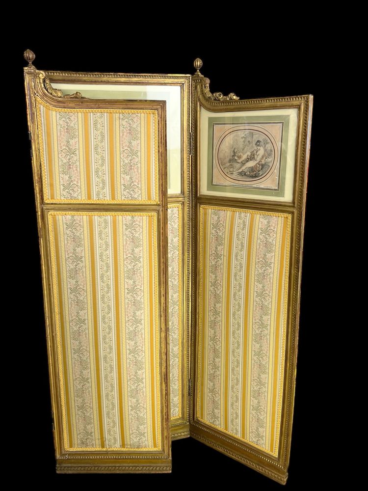 ANTIQUE SCREEN WITH 3 LEAVES IN CARVED AND GILDED WOOD WITH 19TH CENTURY ENGRAVINGS
