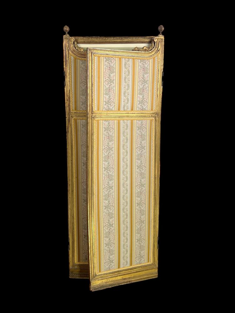 ANTIQUE SCREEN WITH 3 LEAVES IN CARVED AND GILDED WOOD WITH 19TH CENTURY ENGRAVINGS