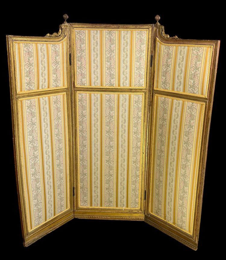 ANTIQUE SCREEN WITH 3 LEAVES IN CARVED AND GILDED WOOD WITH 19TH CENTURY ENGRAVINGS