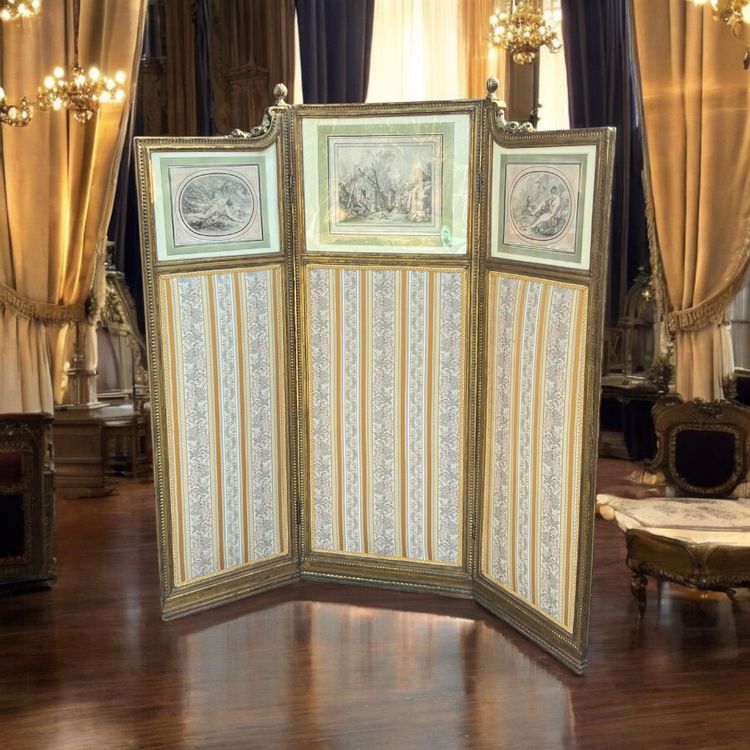 ANTIQUE SCREEN WITH 3 LEAVES IN CARVED AND GILDED WOOD WITH 19TH CENTURY ENGRAVINGS