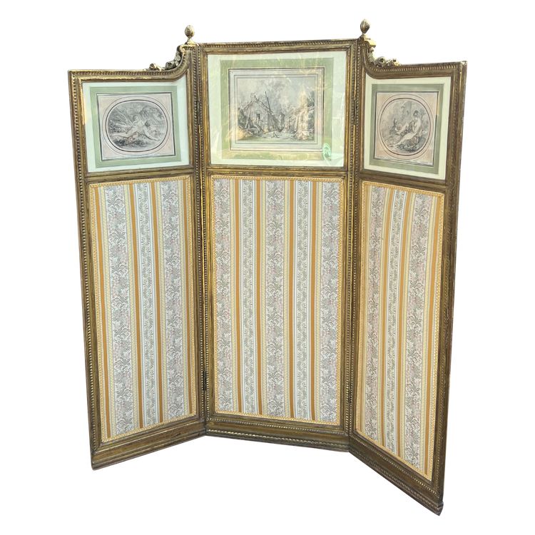 ANTIQUE SCREEN WITH 3 LEAVES IN CARVED AND GILDED WOOD WITH 19TH CENTURY ENGRAVINGS