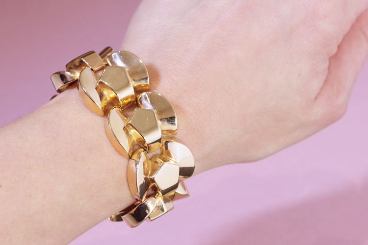 Bracciale Tank in oro 18k, bracciale retrò, maglia geometrica, bracciale Tank retrò, gioielli antichi di Parigi