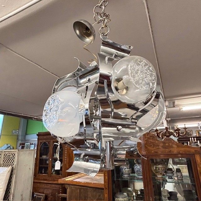 Lampadario Chandelier Mazzega anni 70 vetro e acciaio – sei luci  . Modernariato – design . h 50
