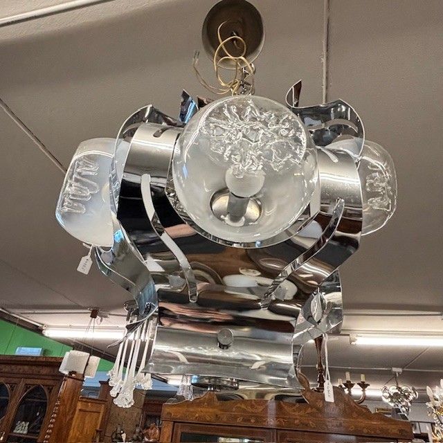Lampadario Chandelier Mazzega anni 70 vetro e acciaio – sei luci  . Modernariato – design . h 50