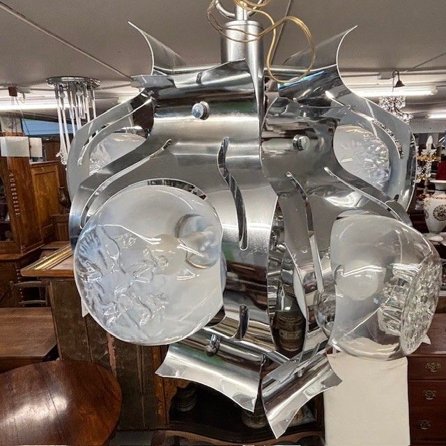 Lampadario Chandelier Mazzega anni 70 vetro e acciaio – sei luci  . Modernariato – design . h 50