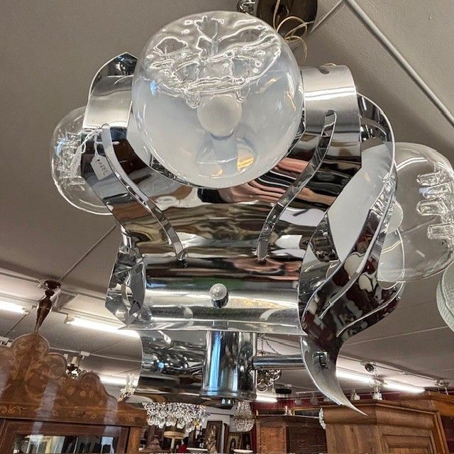 Lampadario Chandelier Mazzega anni 70 vetro e acciaio – sei luci  . Modernariato – design . h 50