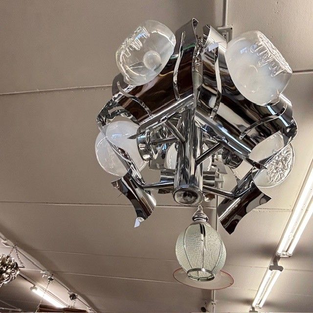 Lampadario Chandelier Mazzega anni 70 vetro e acciaio – sei luci  . Modernariato – design . h 50